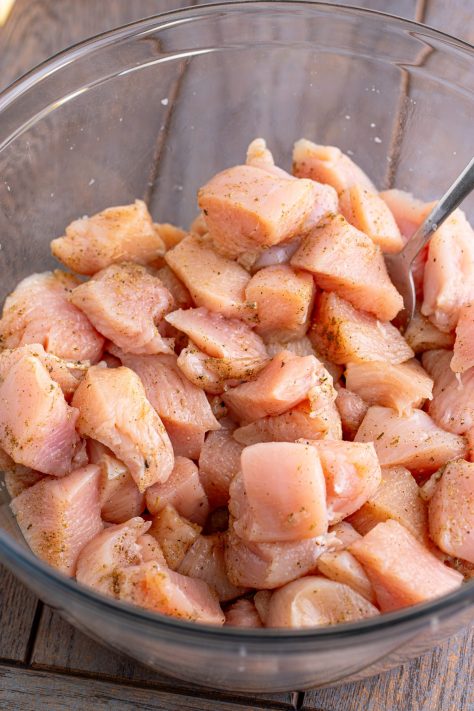 Seasoned chicken in a bowl.