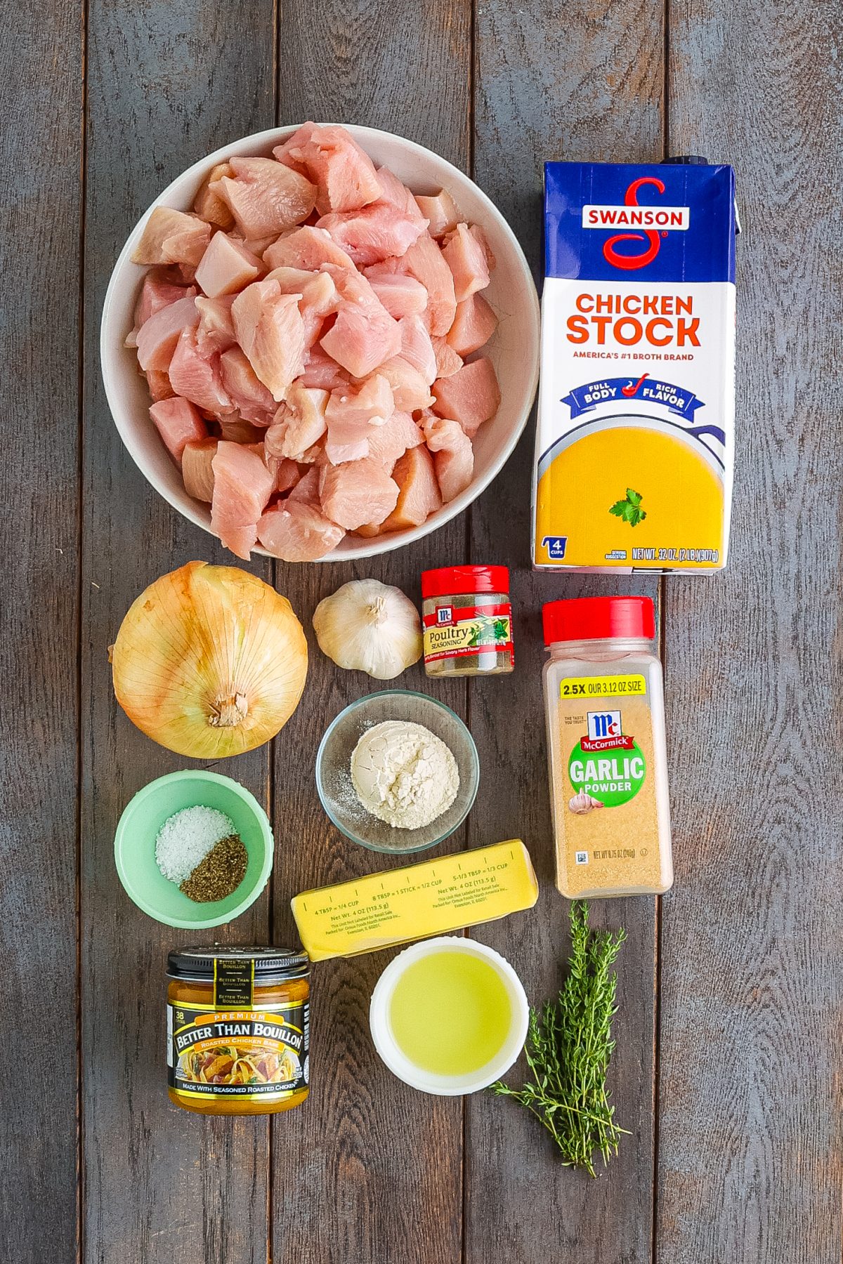 Boneless skinless chicken breasts, garlic powder, poultry seasoning, kosher salt, black pepper, oil, butter, sweet onion, garlic, thyme, all-purpose flour, chicken stock, and Better Than Bouillon.