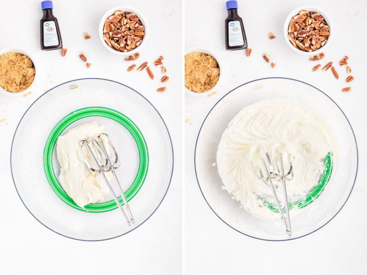 Cream cheese being whipped in a bowl.