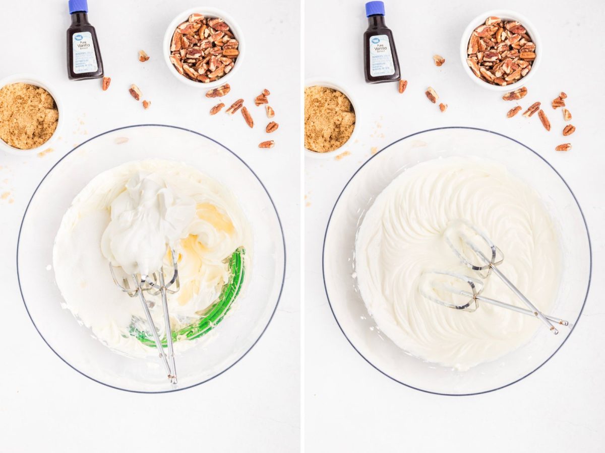 A bowl of cream cheese, sour cream, sugar, and vanilla extract being mixed together. 