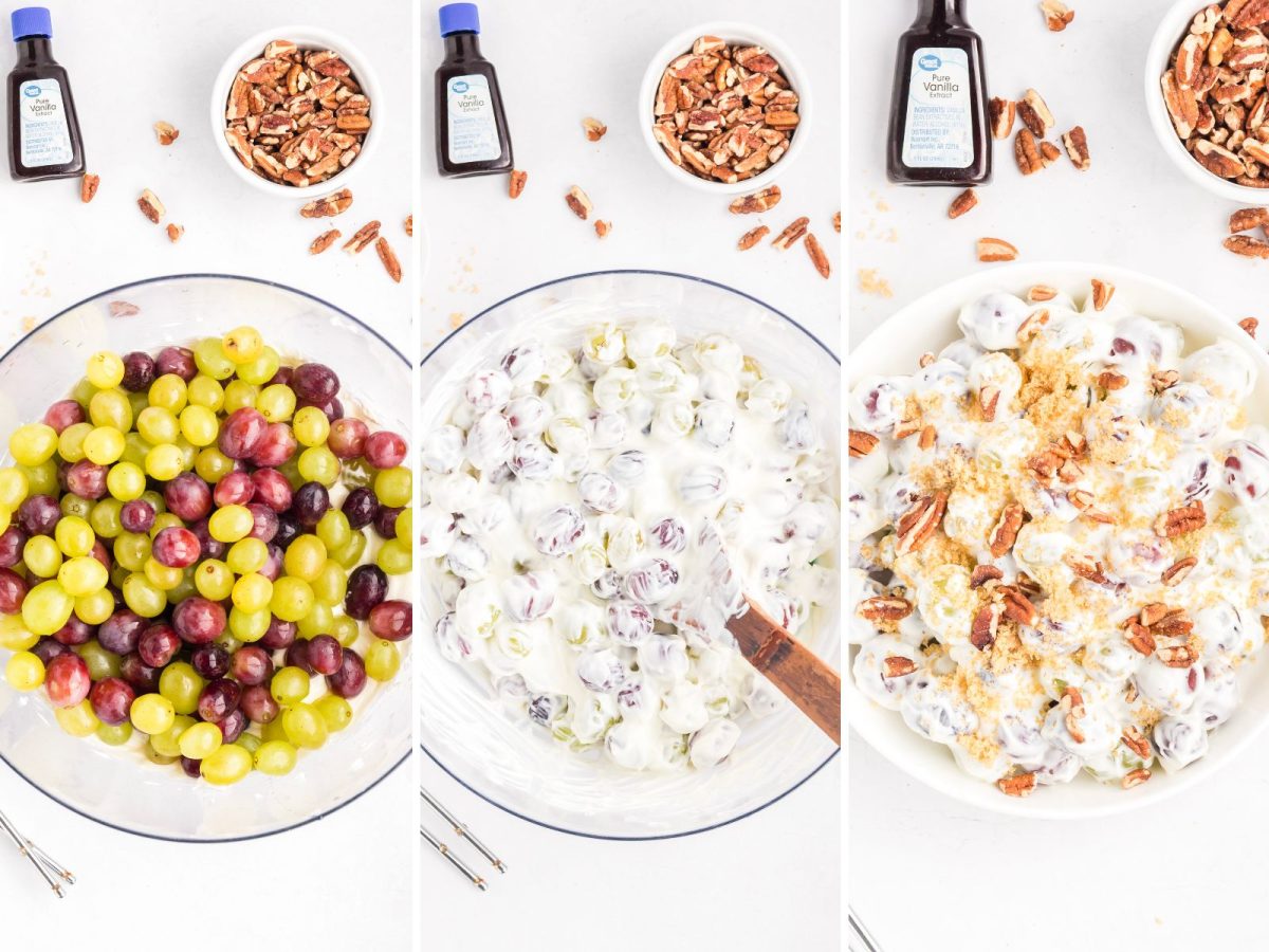 Grapes being added to a creamy mixture in a bowl and then garnished with nuts. 