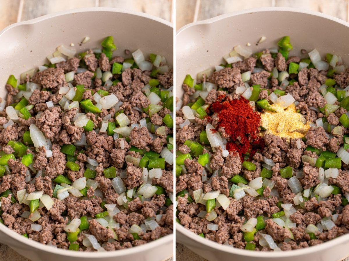 Beef and veggies cooking in a skillet and spices being added to it. 