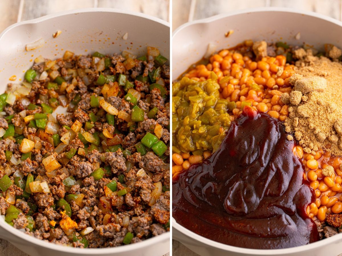 Cooked beef and onions with peppers and then the rest of the ingredients in a pot.