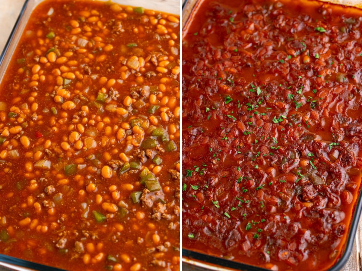 Baked beans mixture in a dish waiting to be mixed and a dish of Cowboy Baked Beans.