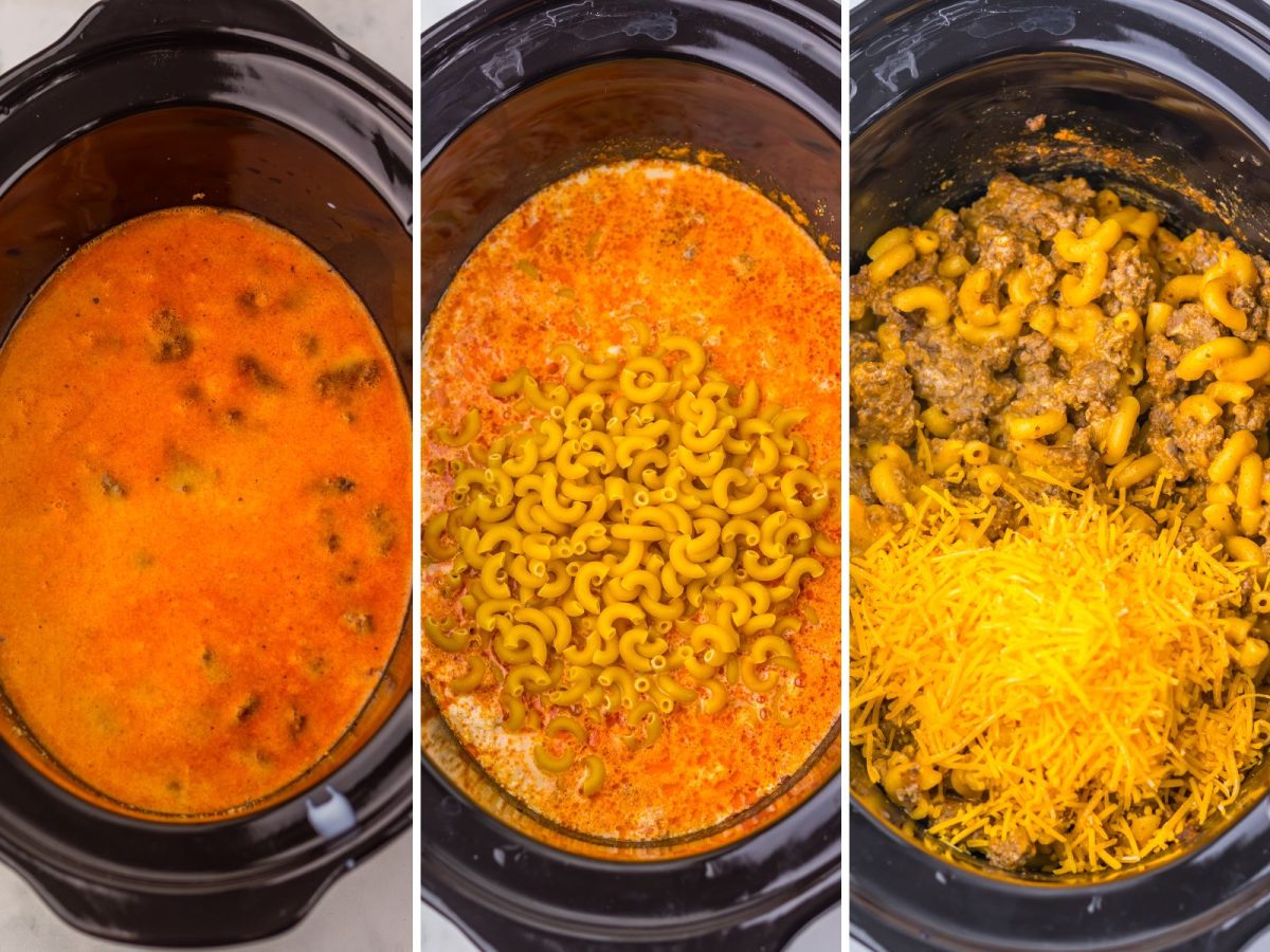 A Slow Cooker with sauce, pasta being added and more cheese being added to the mix.
