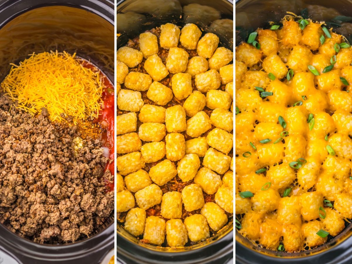 A Slow Cooker with ingredients for Chili Cheese Tater Tot Casserole being cooked.