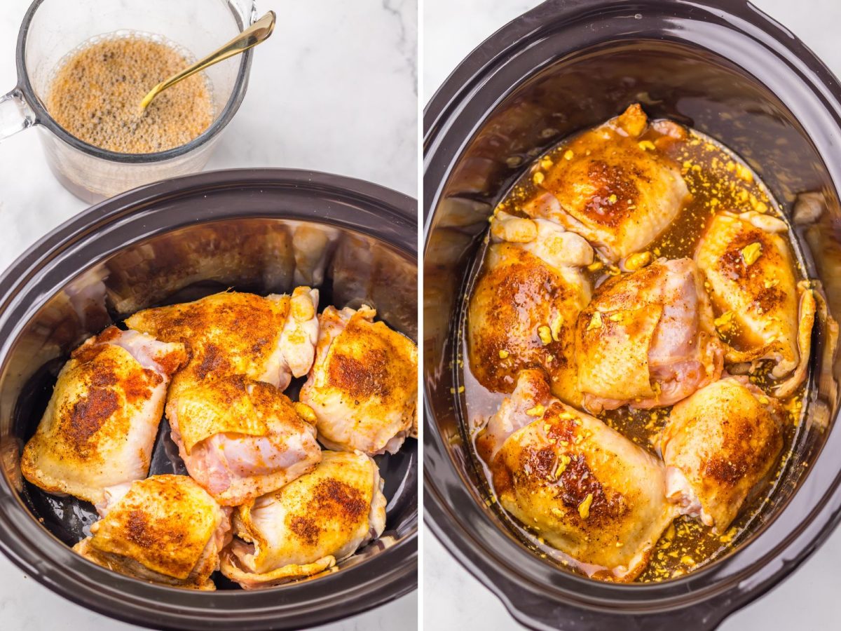 A Crock Pot with browned chicken thighs and a sauce around them.