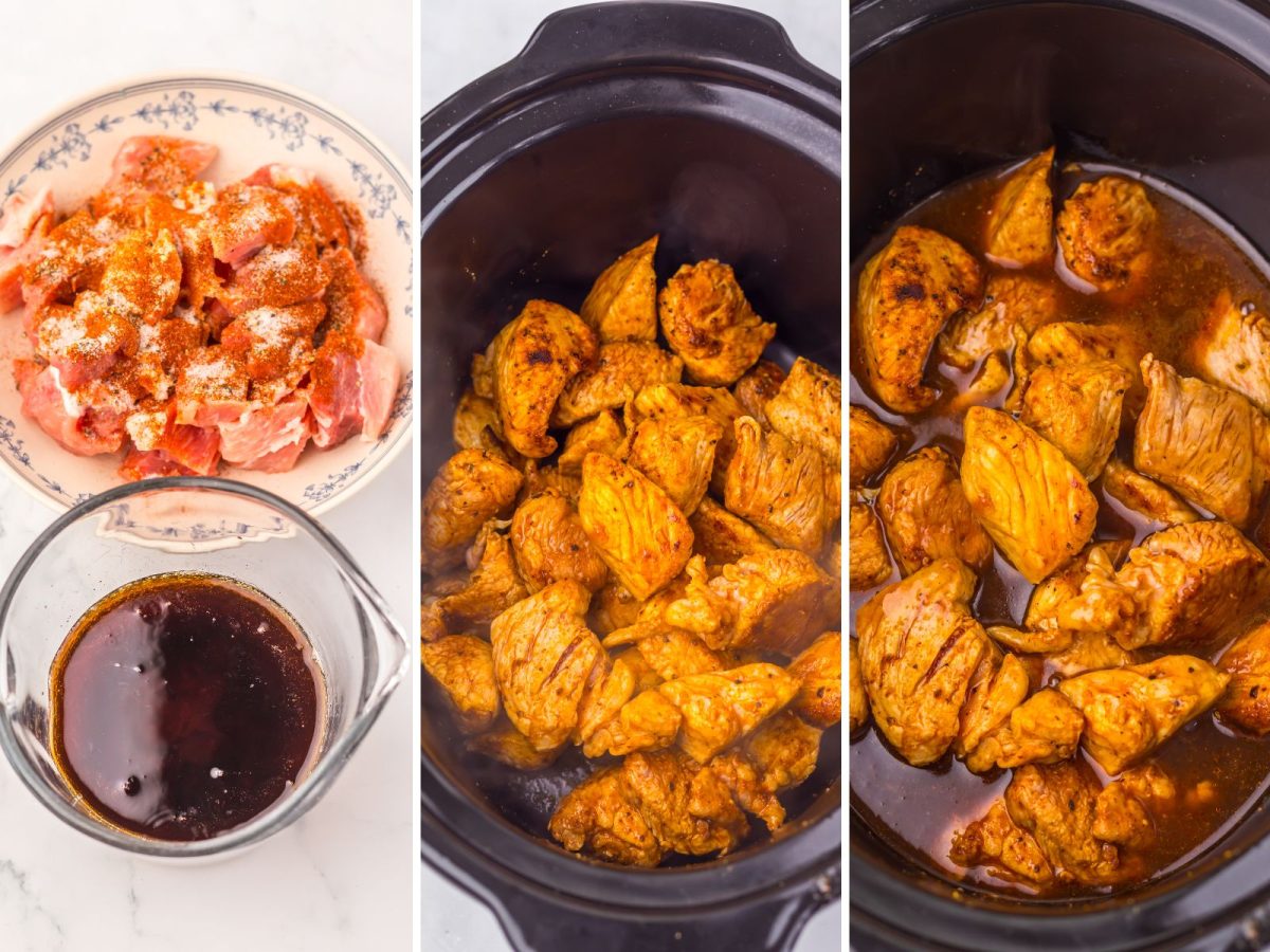 Sauce being made in a bowl with seasoned rib meat, and a Crock Pot with Dr Pepper Rib Bites and extra glaze.