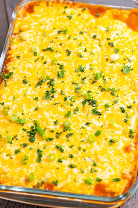 A baked dish of Ground Beef Texas Trash.