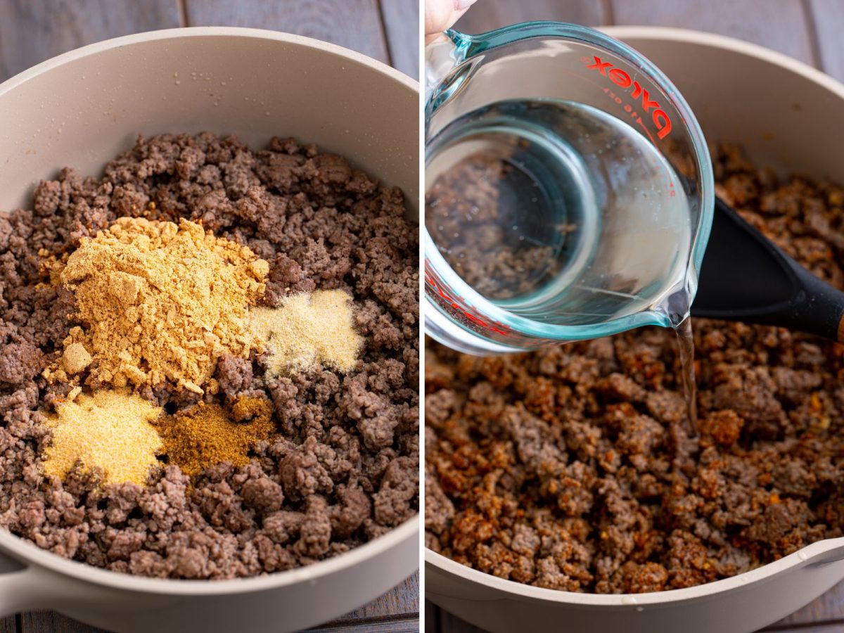 Ground beef with seasonings and then water being added to the skillet.