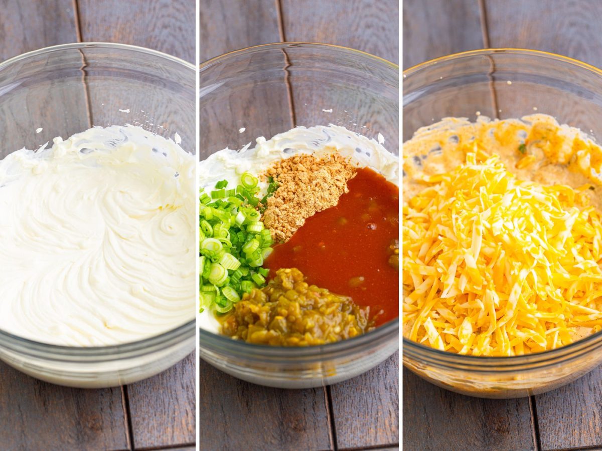 A bowl with cream cheese, taco seasoning, remaining enchilada sauce, half of the Colby Jack cheese, green onions, and green chiles.