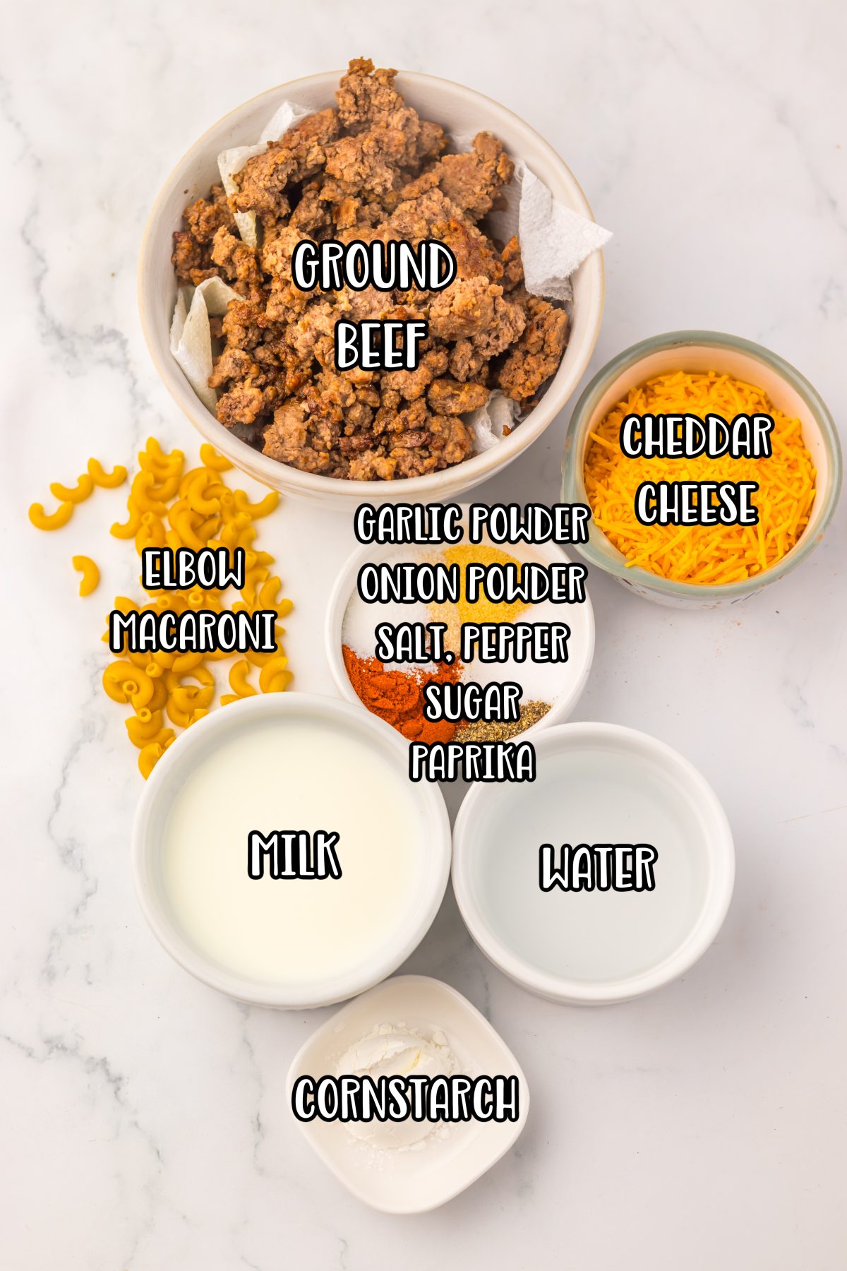 Ground beef, paprika, onion powder, garlic powder, salt, sugar, black pepper, cornstarch, warm water, milk, elbow macaroni, and sharp cheddar cheese.