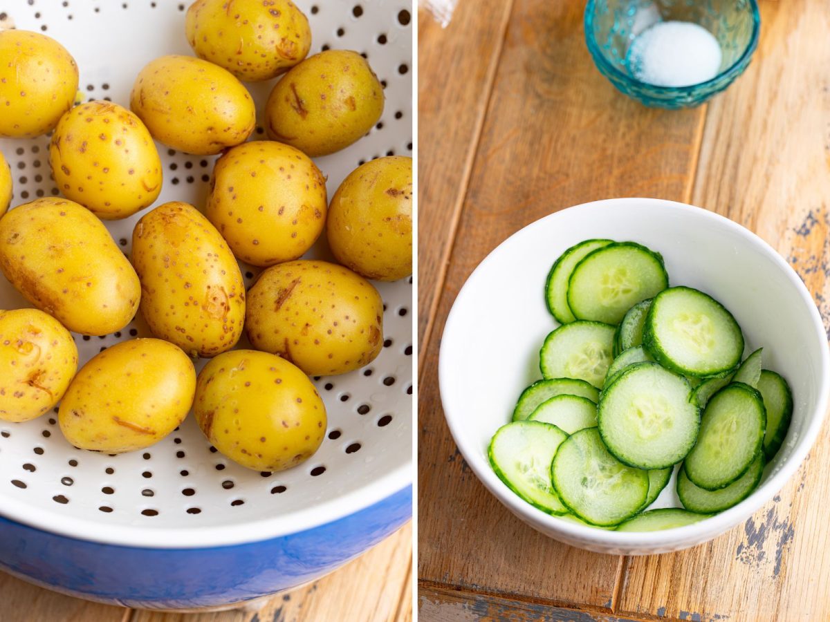 Potatoes draining in a colander and a bowl of cucumbers with salt.
