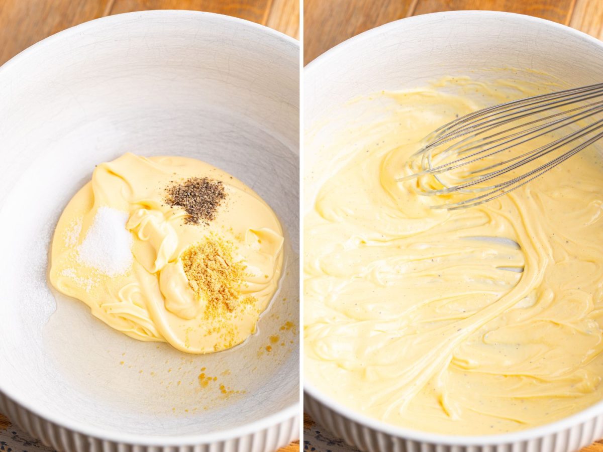 A bowl of mayonnaise, vinegar, mustard, sugar, and black pepper being mixed.