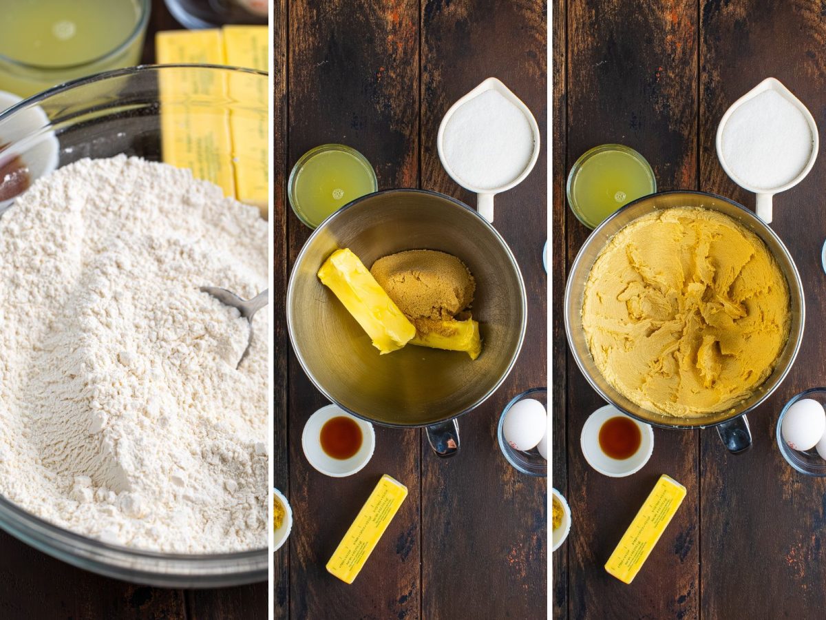 Flour mixture in a bowl, a bowl with butter and sugar and a creamed butter and sugar mixture in a bowl.