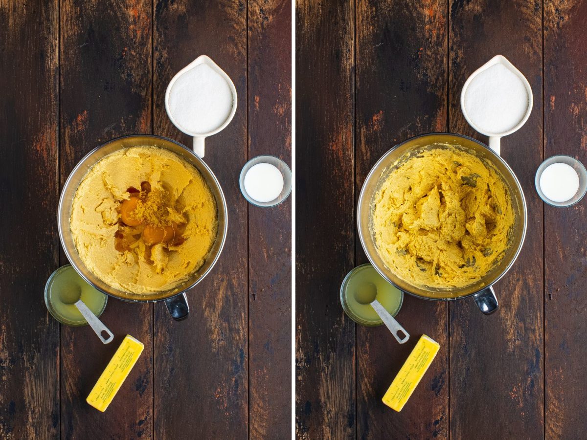 A bowl with a butter mixture and eggs, lemon zest, lemon juice, and vanilla being mixed.