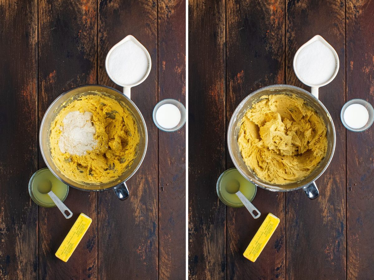 Flour being added into cookie dough.