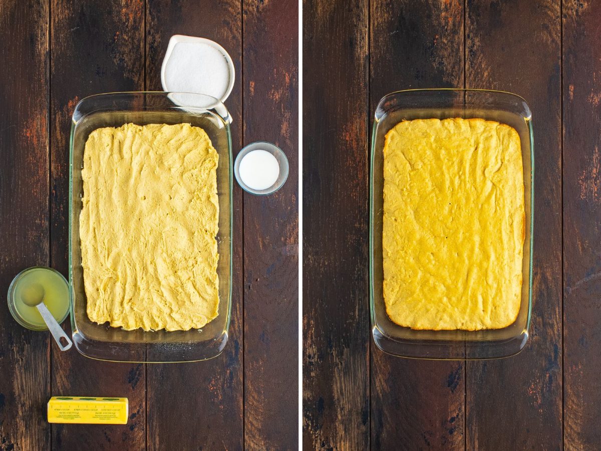 Unbaked cookie dough in a glass pan and a dish with baked cookie bars without glaze.