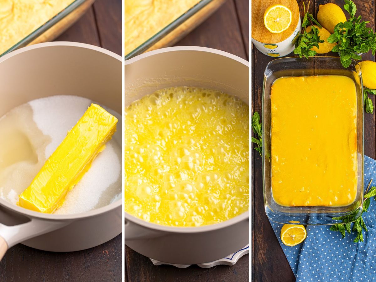 Butter and sugar being mixed together to form a glaze that gets poured over cookie bars.