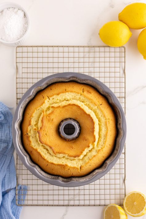 A baked Pound Cake in a bundt pan.
