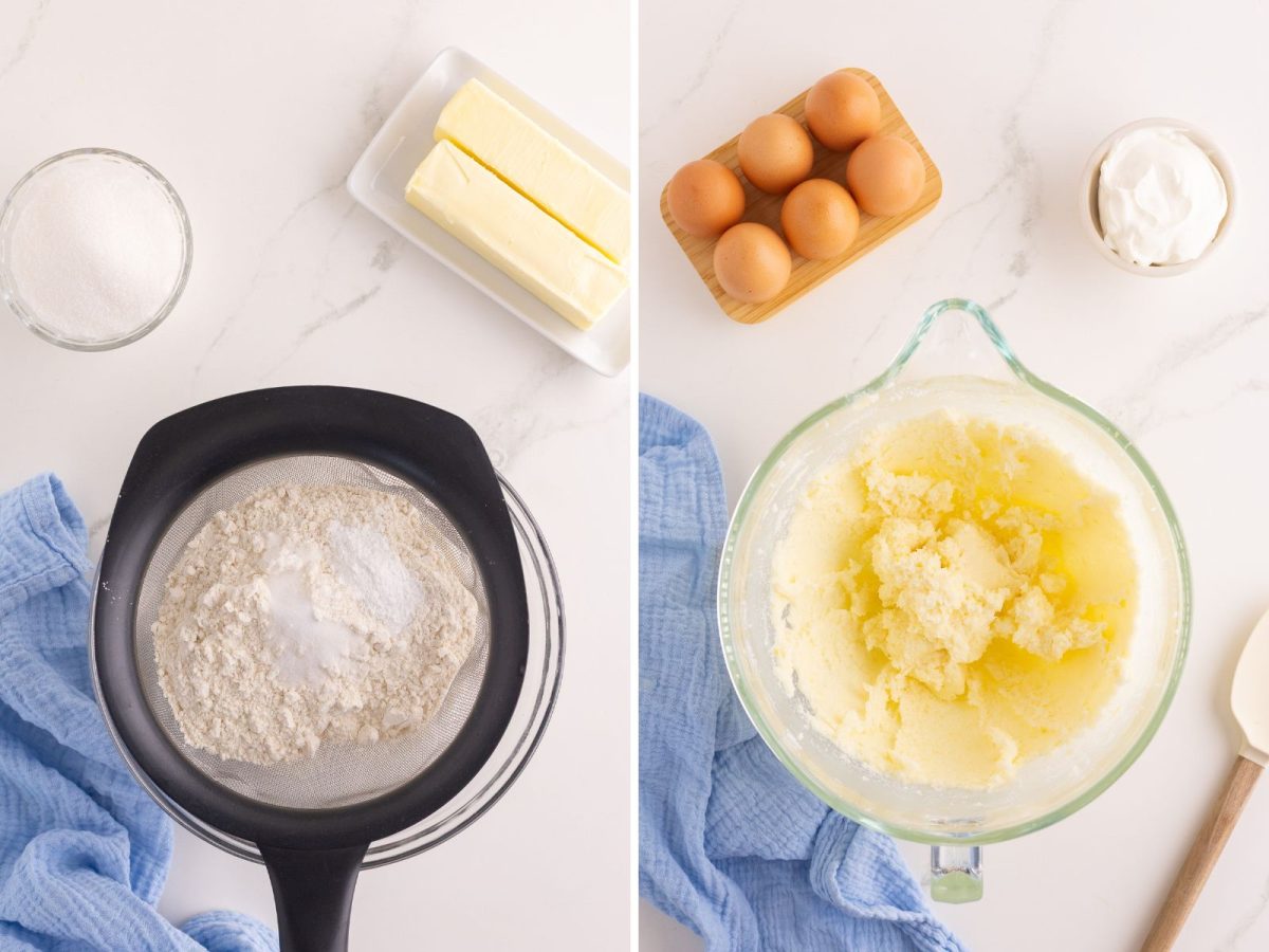 Dry ingredients being sifted into a bowl and wet ingredients being creamed into another.