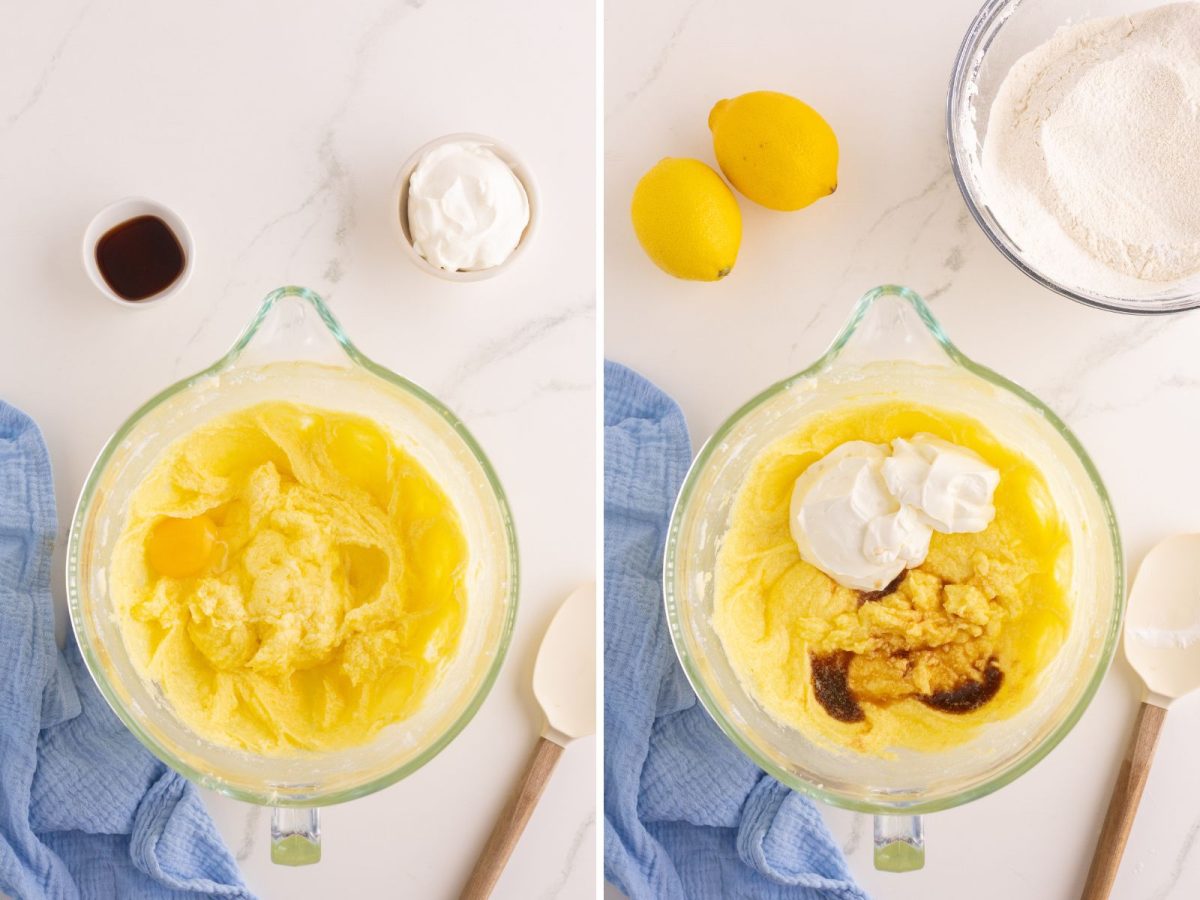 Eggs being added to cake batter, then vanilla, sour cream and lemon juice being added to a lemon cake batter.