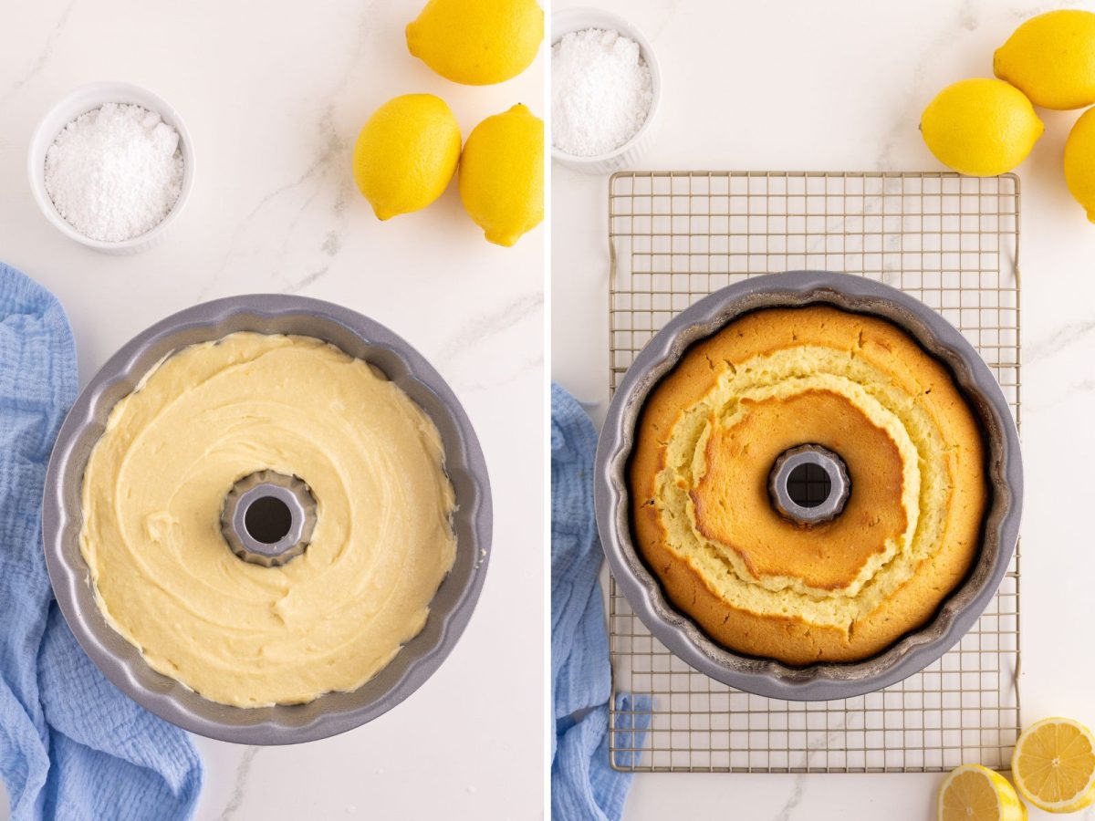 Cake batter in a bundt pan and then a baked cake in a pan.