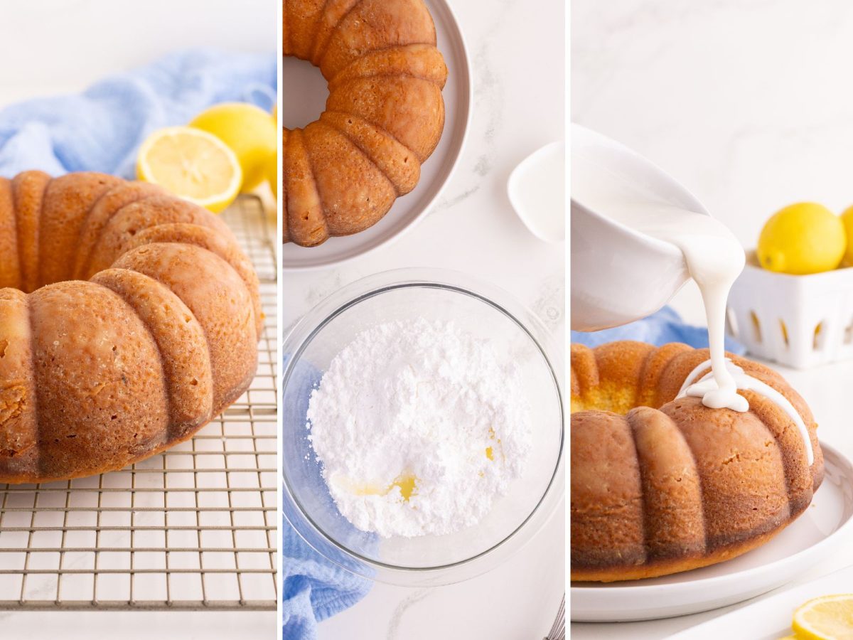 A bundt cake, a bowl with glaze icing, and icing being poured over a Lemon Pound Cake.