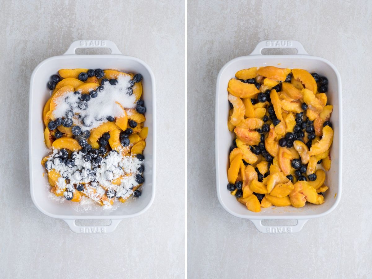 Sliced peaches and blueberry mixture in a baking dish.
