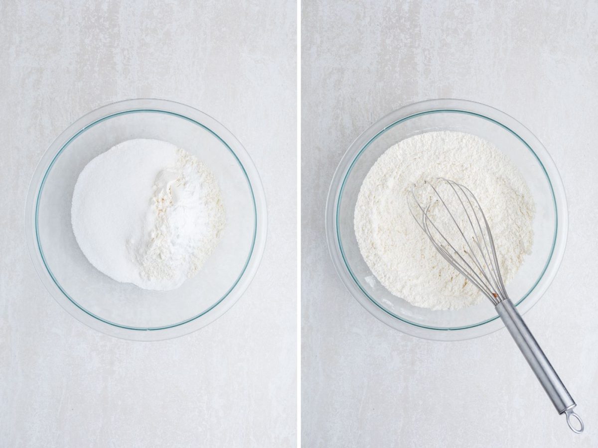 Flour, sugar, baking powder, and salt in a bowl being mixed.