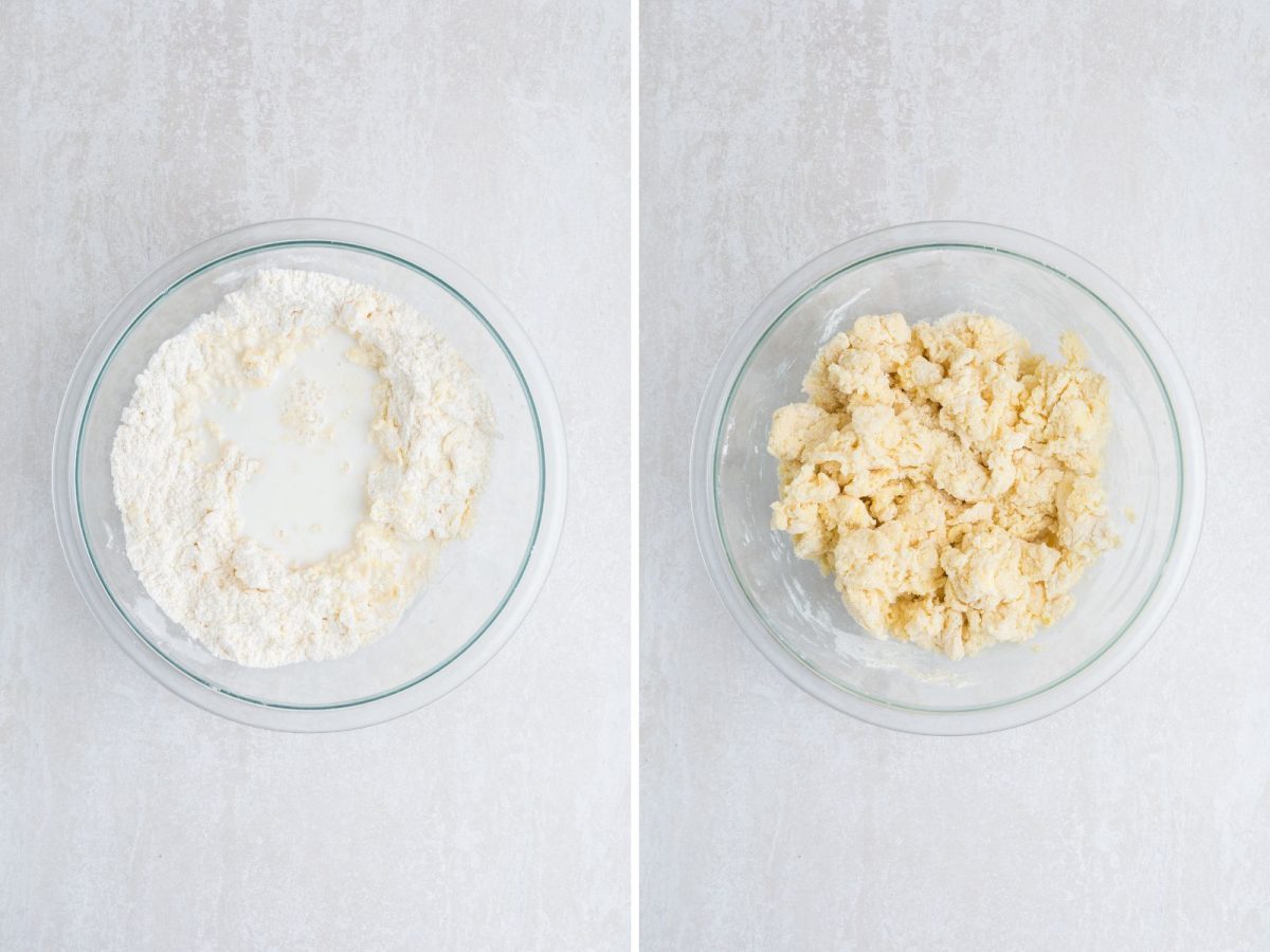 Milk being added to a cobbler topping.