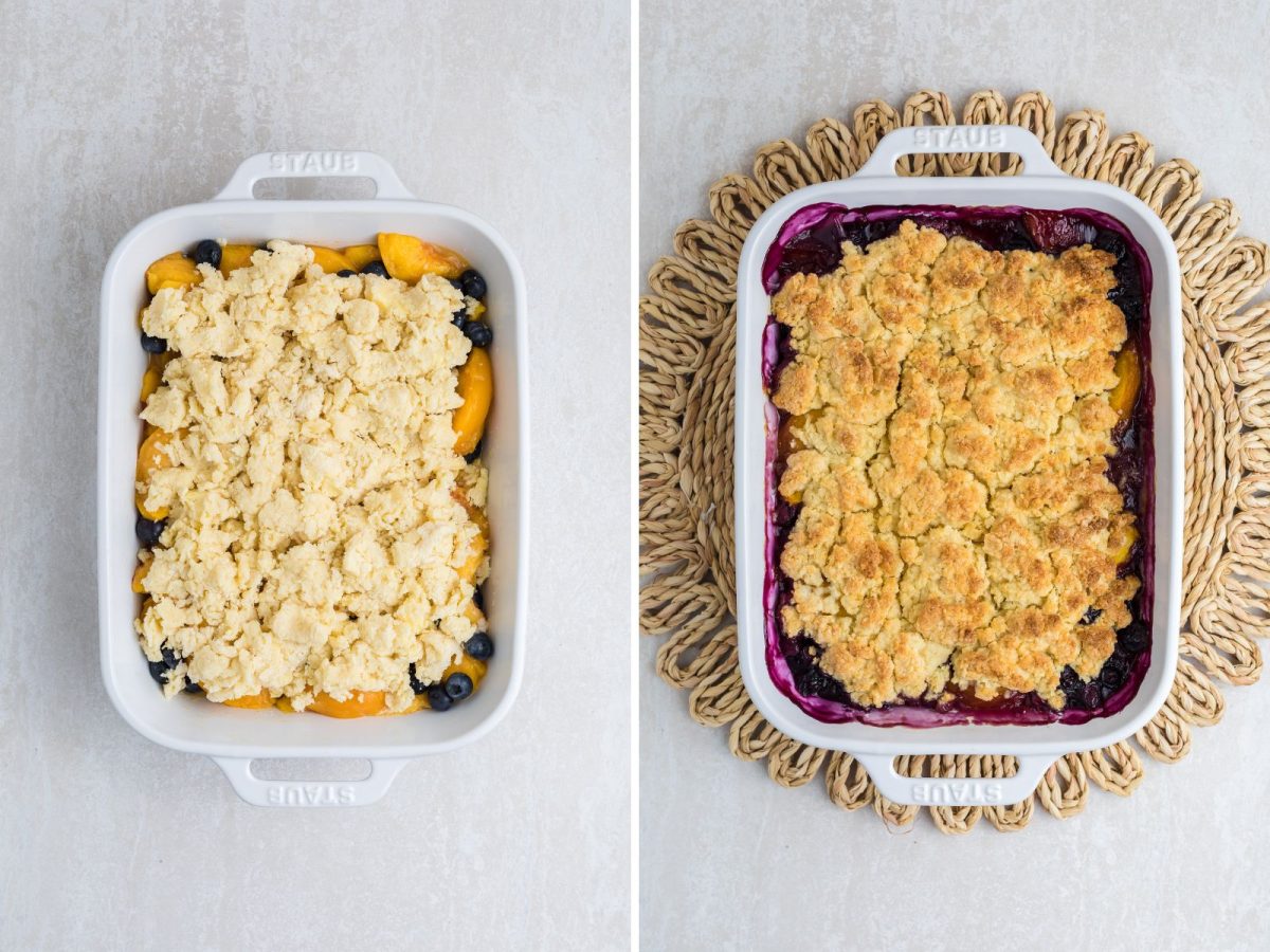 A peach and blueberry filling with unbaked cobbler topping and a baked Blueberry Peach Cobbler.