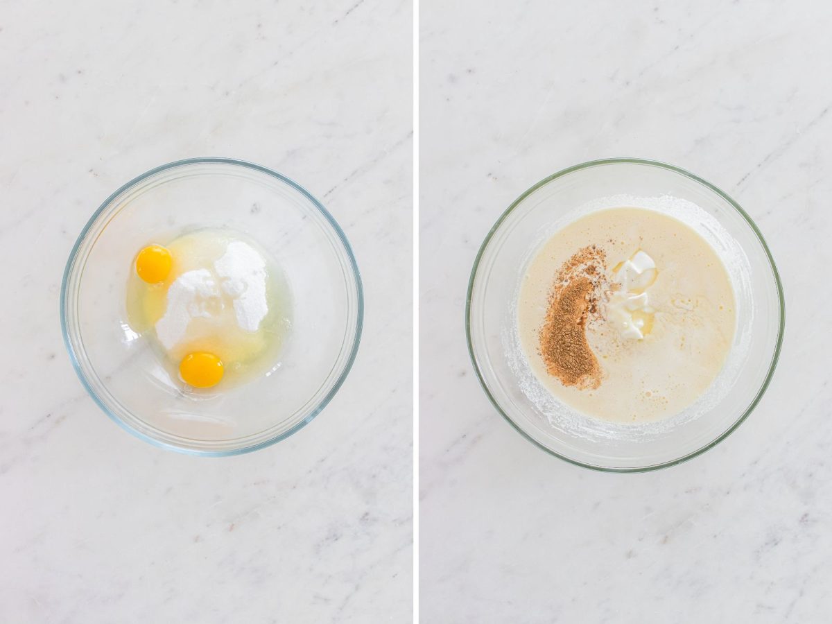 A bowl with granulated sugar, eggs, sour cream, milk, melted butter, vanilla extract, butter extract, nutmeg, and salt.