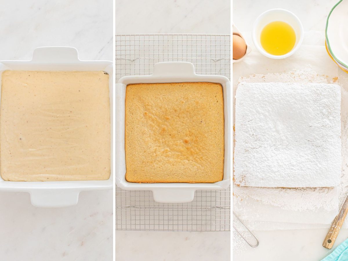 Cake batter in a lined dish, a baked cake and a cake with powdered sugar sweet topping in a dish.