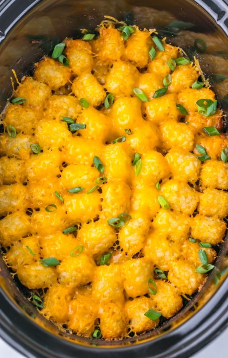 A Chili Cheese Tater Tot Casserole in a Slow Cooker.