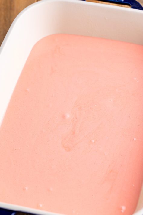 Cake batter in a baking dish.