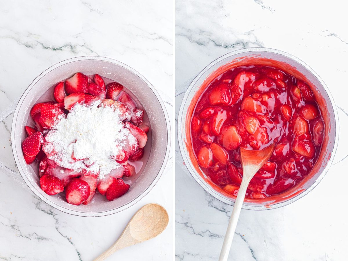 A saucepan with a strawberry filling and a spoon stirring it.
