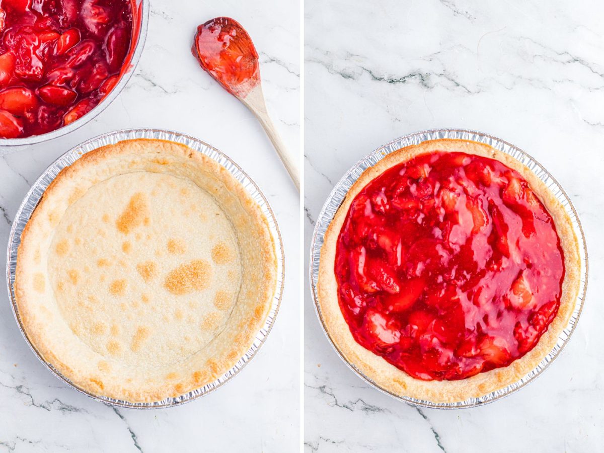 A prepared pie crust and one with a strawberry filling.