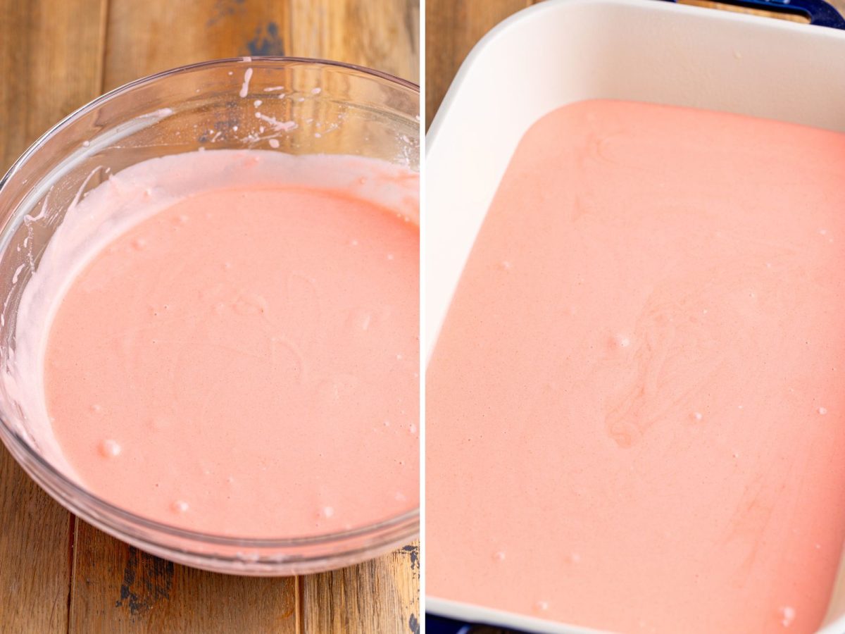 Strawberry cake batter in a bowl and in a baking dish.