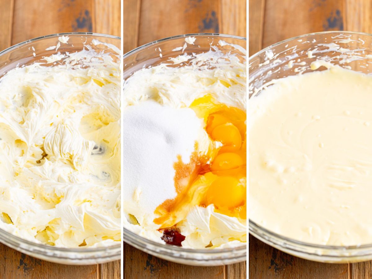 A bowl with cream cheese, eggs, sugar, and vanilla being mixed together.