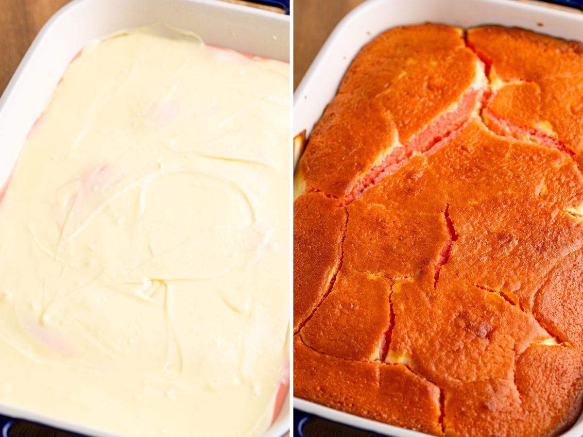 Cake with a cream cheese layer and a baked cake in a baking dish.