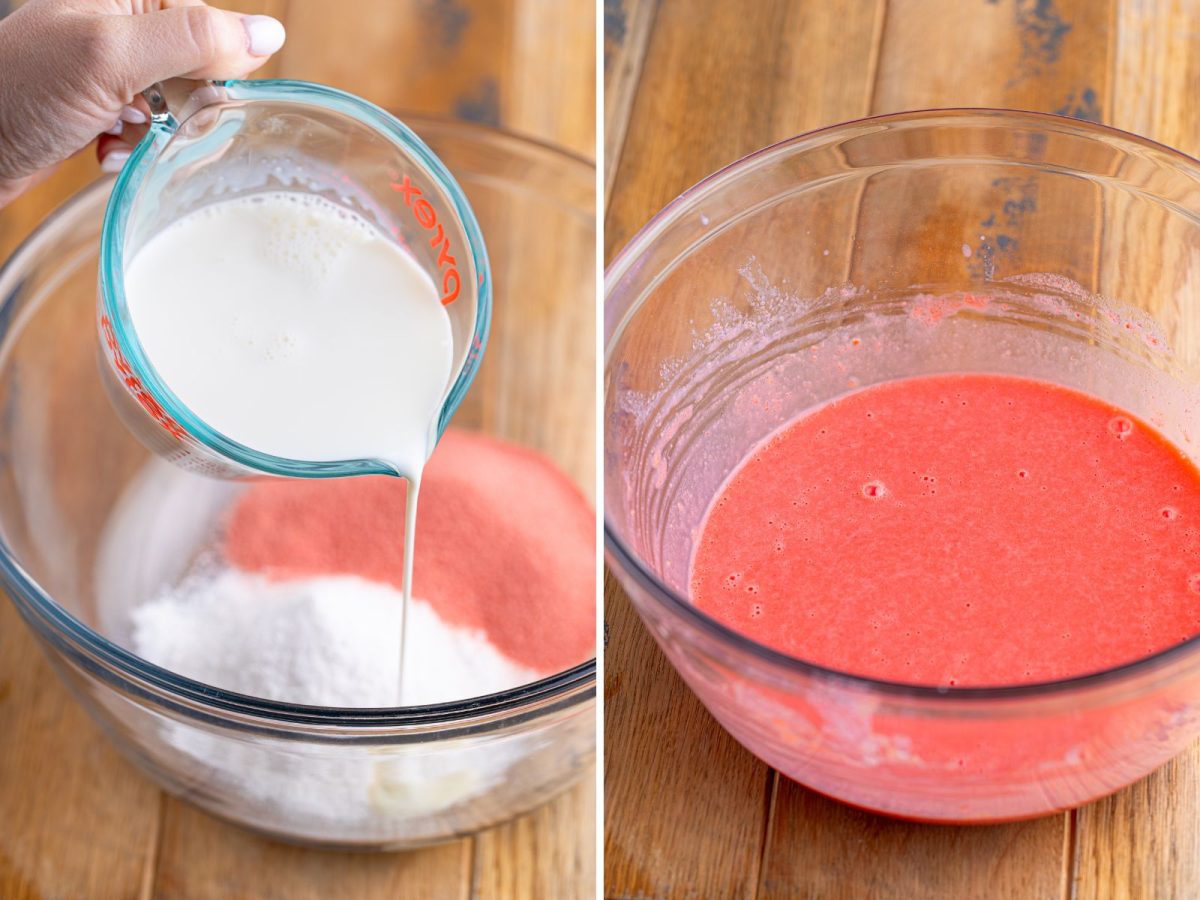 Pudding and milk mixture in a bowl.