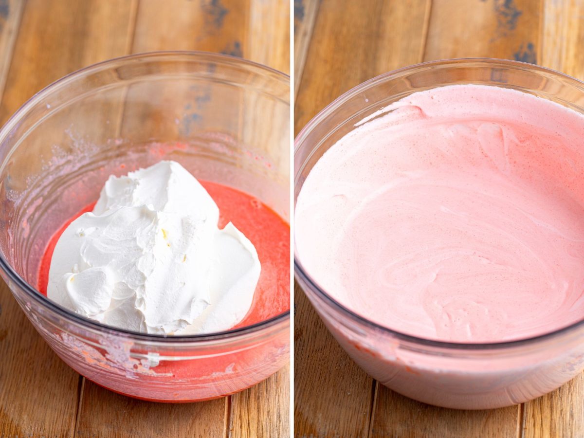 Whipped topping being added to a pudding mixture.