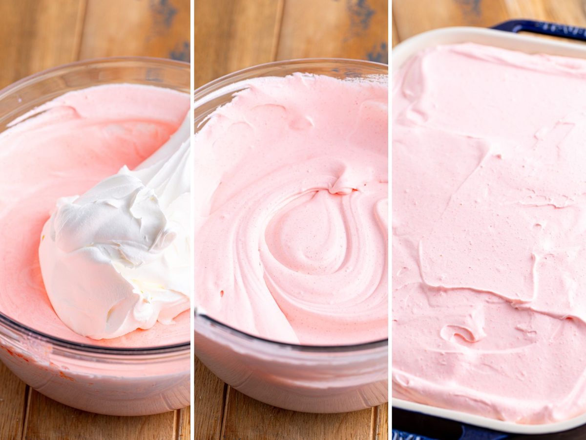 Whipped topping and pudding mixture in a bowl being mixed.