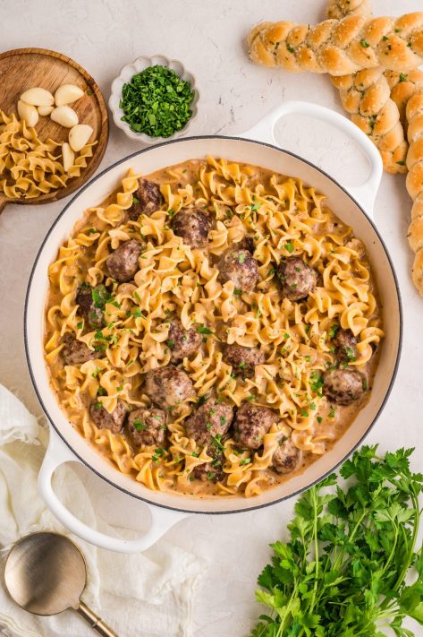 Swedish Meatballs with Egg Noodles in a pan.