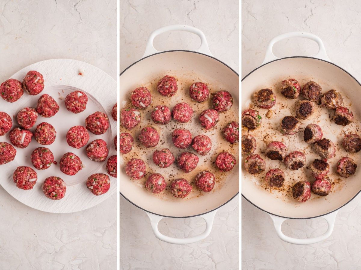 Formed meatballs on a plate, a skillet with meatballs being cooked.