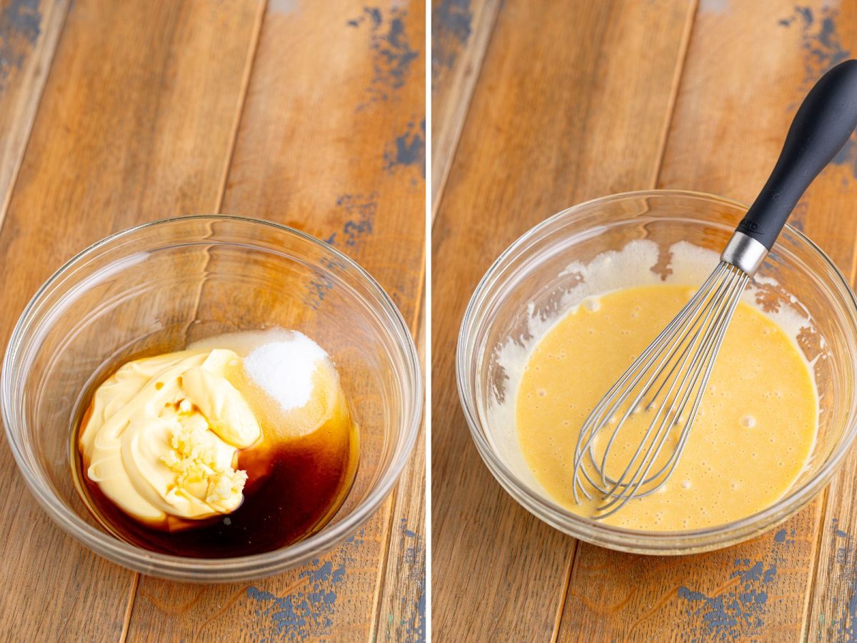A bowl with mayonnaise, garlic, sugar, vinegar, soy sauce, and sesame oil and a mixed up salad dressing in a bowl with a whisk.