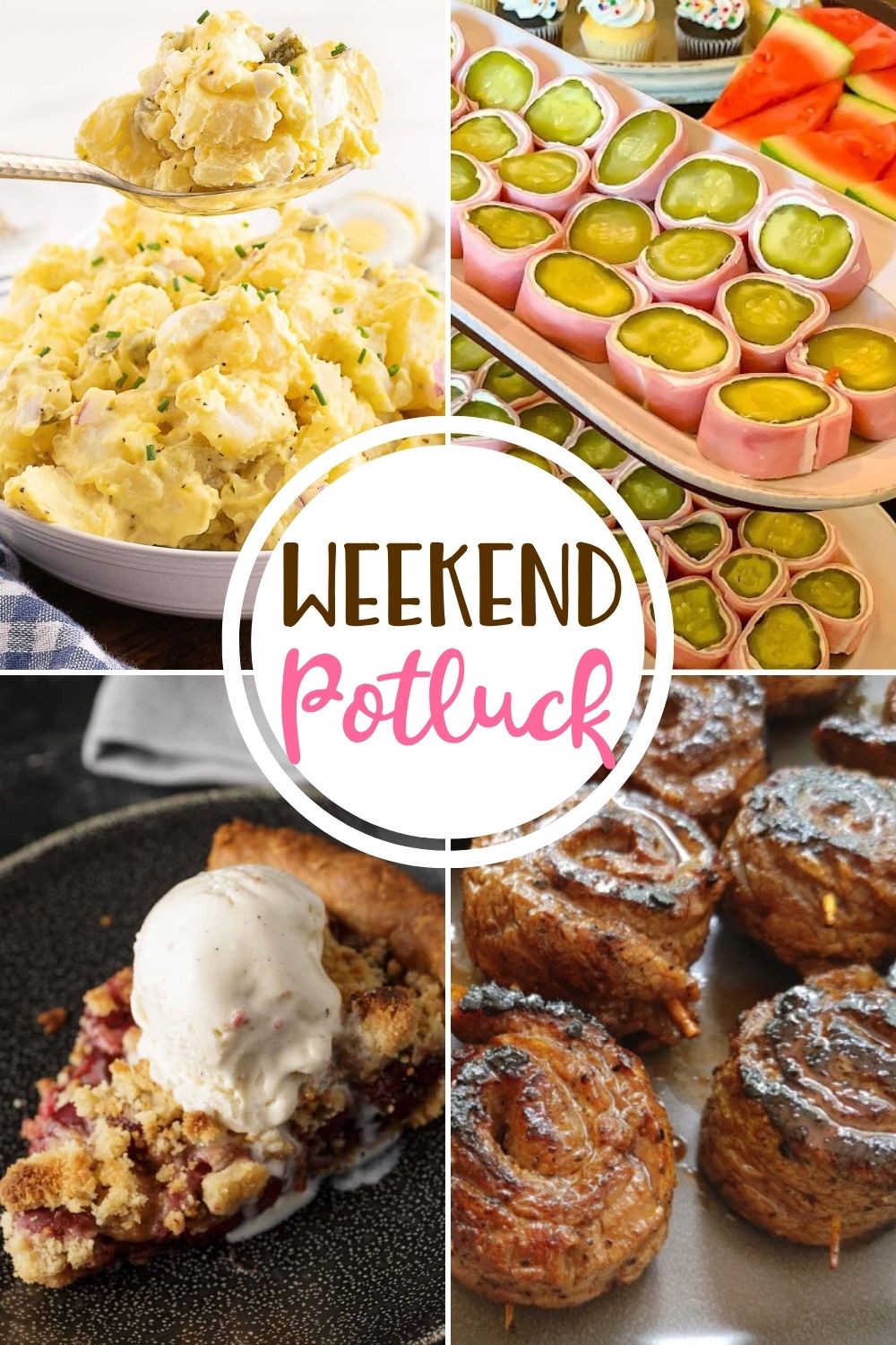 Weekend Potluck featured recipes include: Southern Potato Salad, Ham and Dill Pickle Rollups, Fresh Cherry Pie with Crumb Topping and Flank Steak Pinwheels!