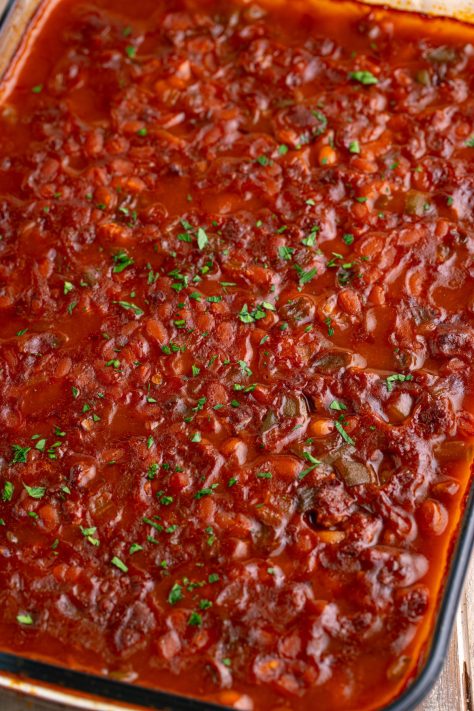 Looking down on a pan of Cowboy Baked Beans.