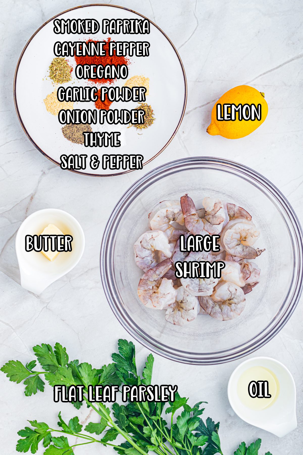 Large shrimp, olive oil, smoked paprika, garlic powder, onion powder, dried thyme, dried oregano, salt, black pepper, cayenne pepper, unsalted butter, lemon wedges, and fresh parsley.